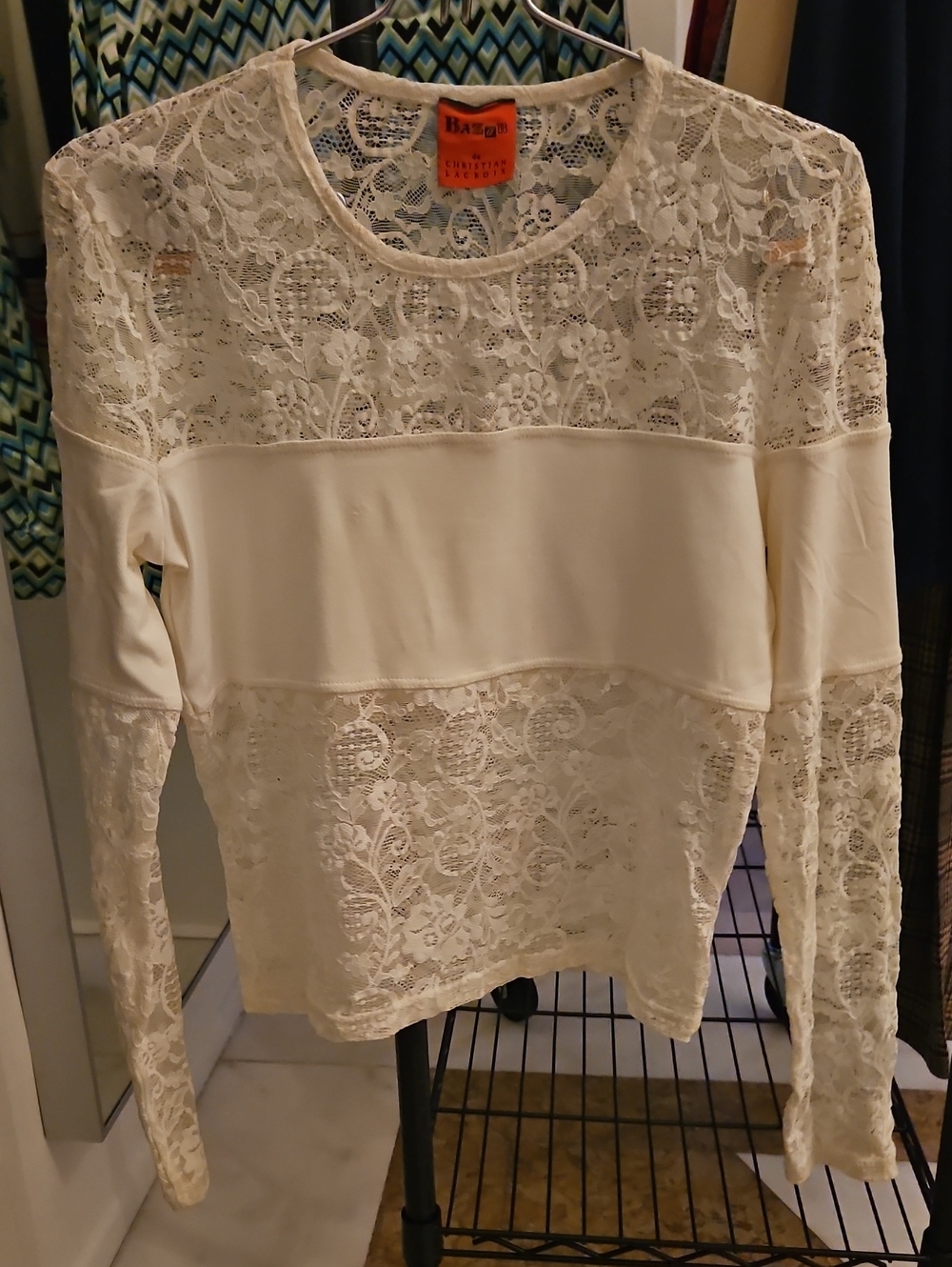 Christian Lacroix Women's Ivory Lace Panel Long-Sleeve Top - S/M